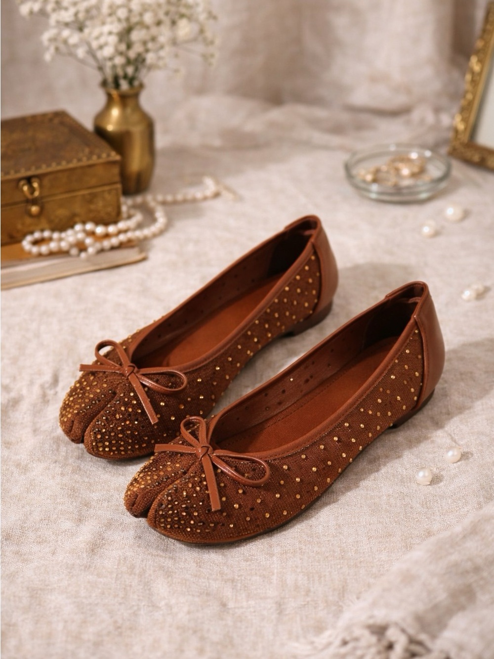 Azarayah Crystal Mesh Tabi Ballet Flat with Bow Detail